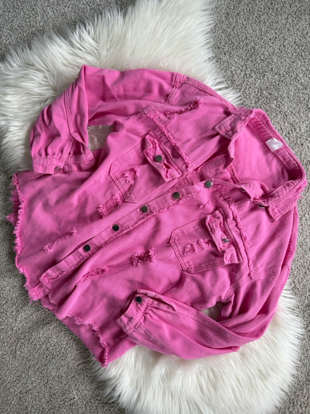 Hot Pink Distressed Button-Up Shirt Jacket
